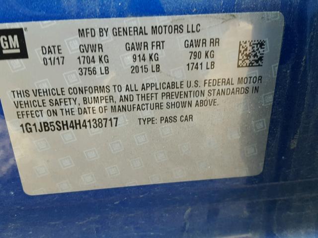 1G1JB5SH4H4138717 - 2017 CHEVROLET SONIC LS 蓝色 照片 10