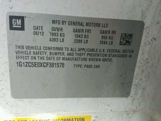 1G1ZC5E0XCF381578 - 2012 CHEVROLET MALIBU 1LT WHITE photo 10