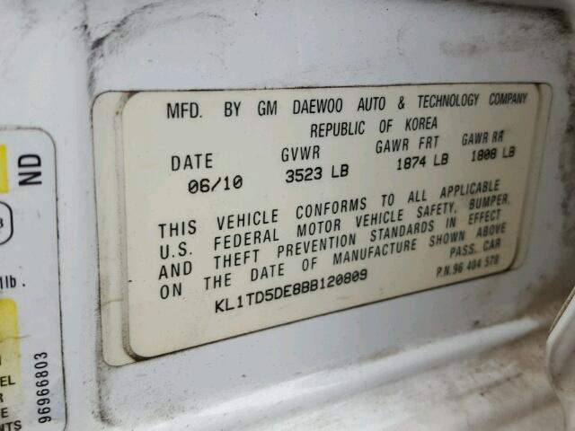 KL1TD5DE8BB120809 - 2011 CHEVROLET AVEO LS WHITE photo 10