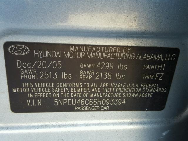 5NPEU46C66H093394 - 2006 HYUNDAI SONATA GLS BLUE photo 10