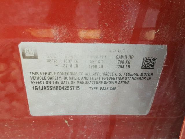 1G1JA5SH8D4255715 - 2013 CHEVROLET SONIC LS 红色 照片 10