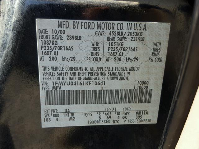 1FMYU04161KF10641 - 2001 FORD ESCAPE BLACK photo 10