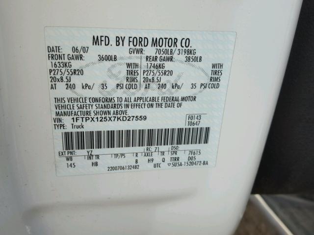 1FTPX125X7KD27559 - 2007 FORD F150 WHITE photo 10