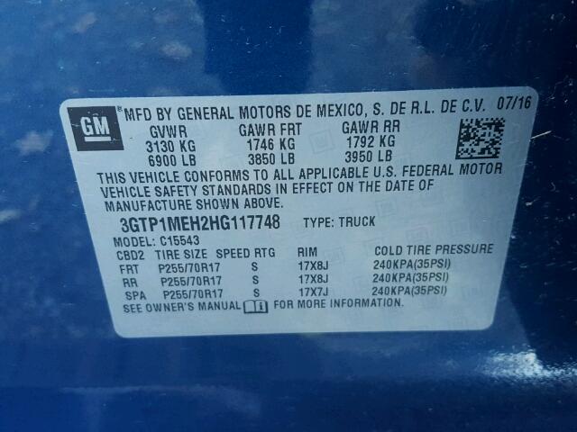 3GTP1MEH2HG117748 - 2017 GMC SIERRA C15 BLUE photo 10