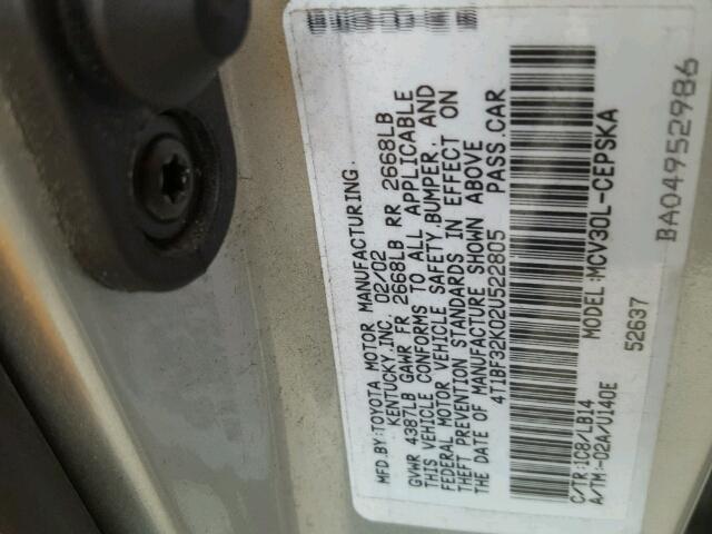 4T1BF32K02U522805 - 2002 TOYOTA CAMRY LE 银色 照片 10