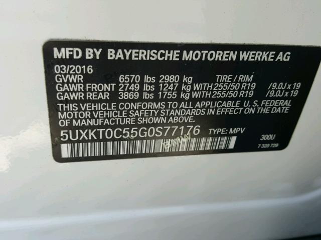 5UXKT0C55G0S77176 - 2016 BMW X5 XDR40E WHITE photo 10