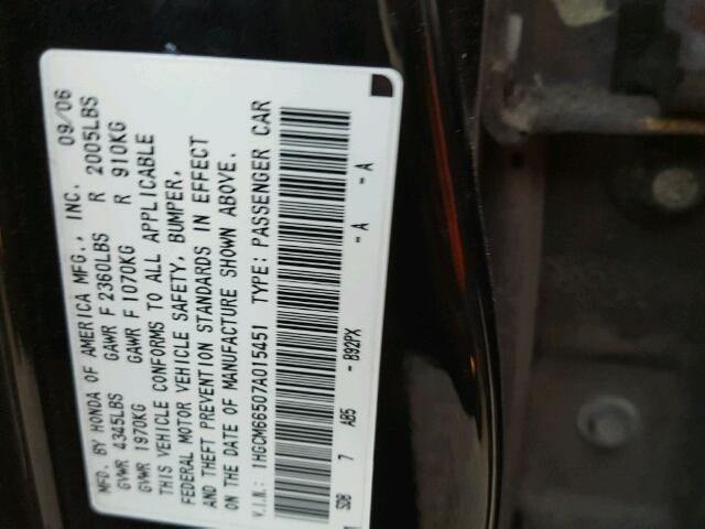 1HGCM66507A015451 - 2007 HONDA ACCORD EX BLACK photo 10