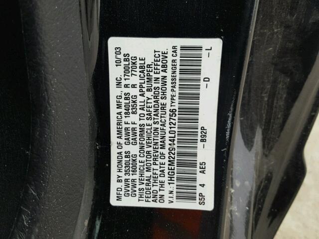 1HGEM22944L012756 - 2004 HONDA CIVIC EX BLACK photo 10