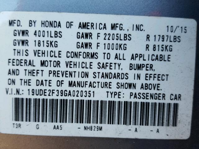 19UDE2F39GA020351 - 2016 ACURA ILX BASE GRAY photo 10