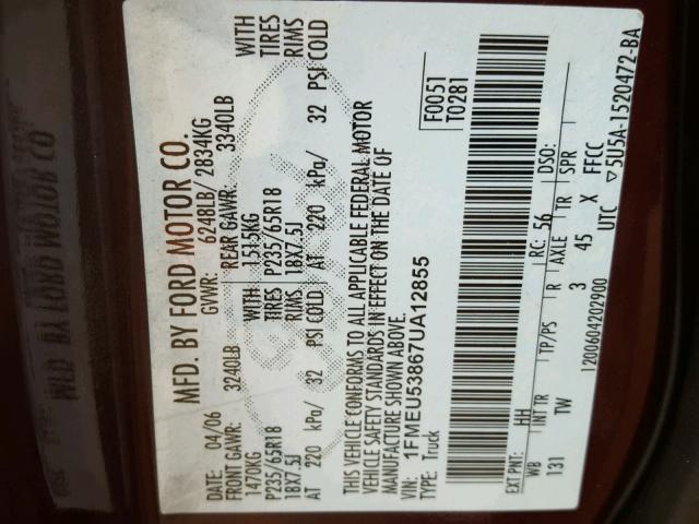 1FMEU53867UA12855 - 2007 FORD EXPLORER S MAROON photo 10