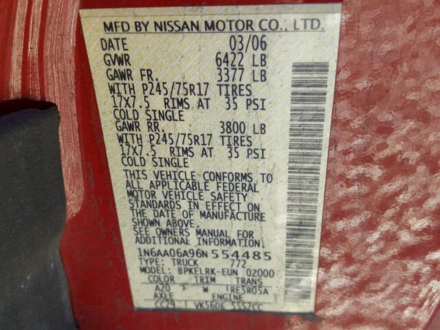 1N6AA06A96N554485 - 2006 NISSAN TITAN XE RED photo 10