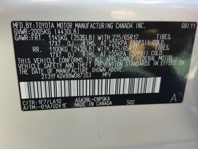 2T3YF4DV8BW087353 - 2011 TOYOTA RAV4 SILVER photo 10