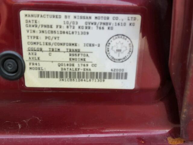 3N1CB51D84L871309 - 2004 NISSAN SENTRA 1.8 RED photo 10