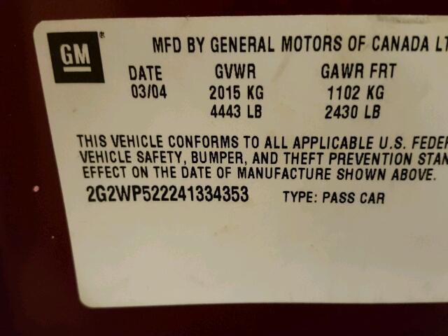 2G2WP522241334353 - 2004 PONTIAC GRAND PRIX MAROON photo 10