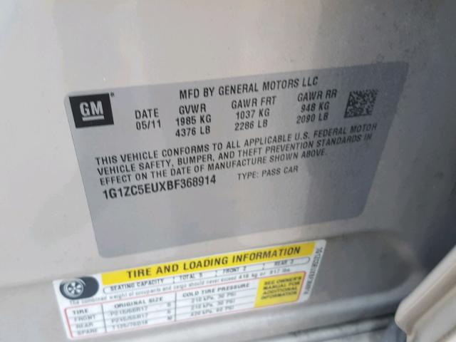 1G1ZC5EUXBF368914 - 2011 CHEVROLET MALIBU 1LT GOLD photo 10