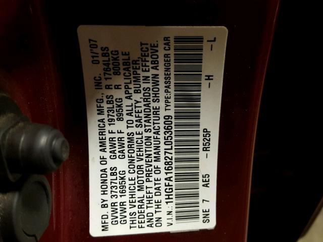 1HGFA16827L053609 - 2007 HONDA CIVIC MAROON photo 10