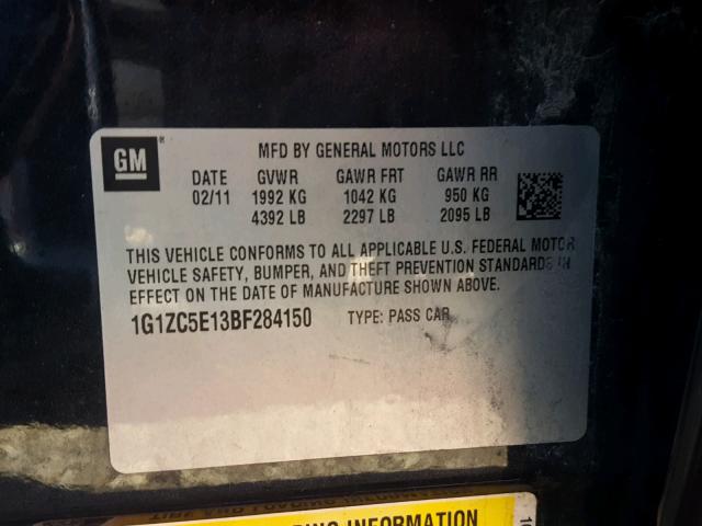 1G1ZC5E13BF284150 - 2011 CHEVROLET MALIBU 1LT BLACK photo 10