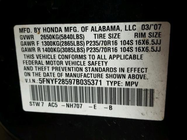 5FNYF28597B035371 - 2007 HONDA PILOT EXL BLACK photo 10