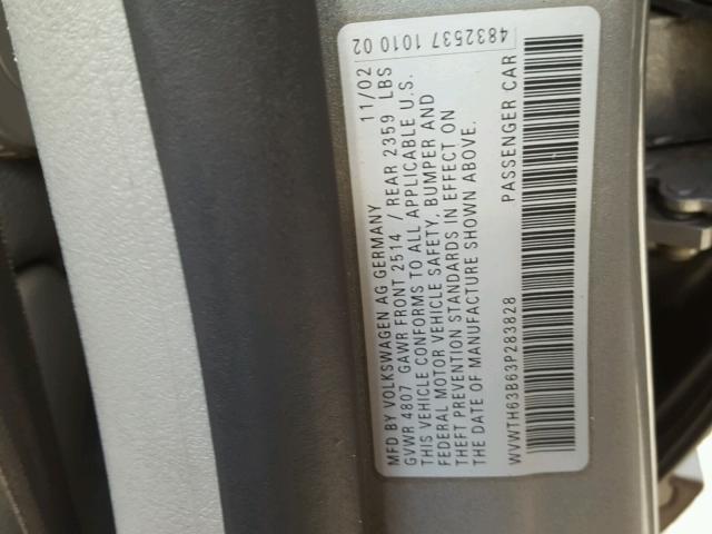 WVWTH63B63P283828 - 2003 VOLKSWAGEN PASSAT GLX SILVER photo 10