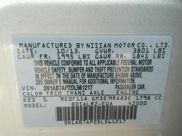 3N1AB7AP2DL561217 - 2013 NISSAN SENTRA S SILVER photo 10