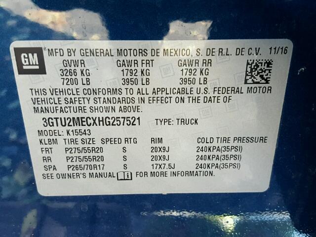 3GTU2MECXHG257521 - 2017 GMC SIERRA K15 BLUE photo 10