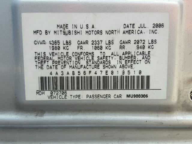 4A3AB56F47E019510 - 2007 MITSUBISHI GALANT ES SILVER photo 10