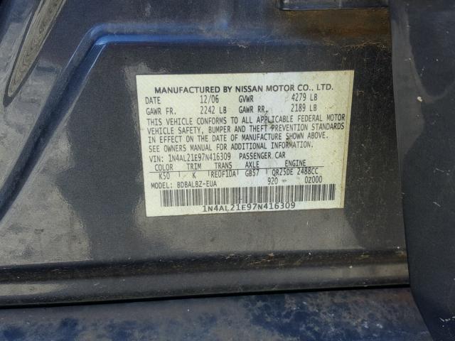 1N4AL21E97N416309 - 2007 NISSAN ALTIMA 2.5 GRAY photo 10