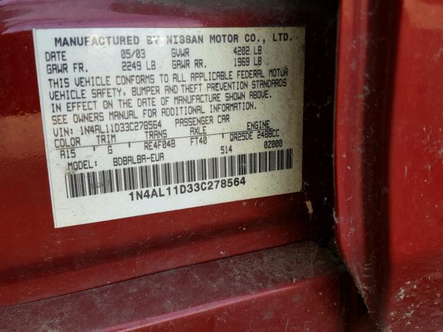 1N4AL11D33C278564 - 2003 NISSAN ALTIMA BAS RED photo 10