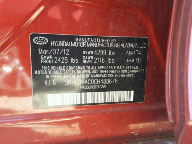 5NPEB4AC0CH488678 - 2012 HYUNDAI SONATA GLS RED photo 10