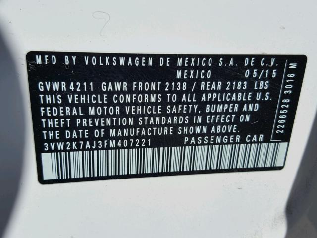 3VW2K7AJ3FM407221 - 2015 VOLKSWAGEN JETTA BASE 白色 照片 10