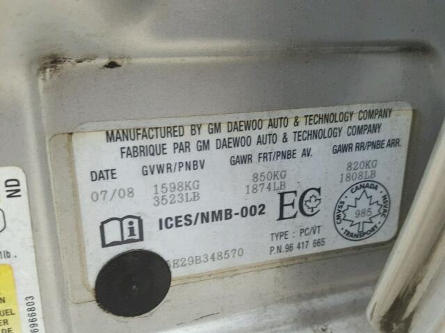 KL1TV55E29B348570 - 2009 CHEVROLET AVEO LS SILVER photo 10