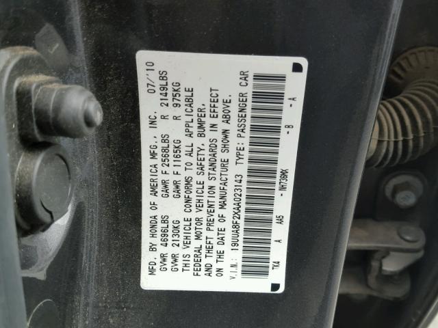 19UUA8F2XAA023143 - 2010 ACURA TL GRAY photo 10