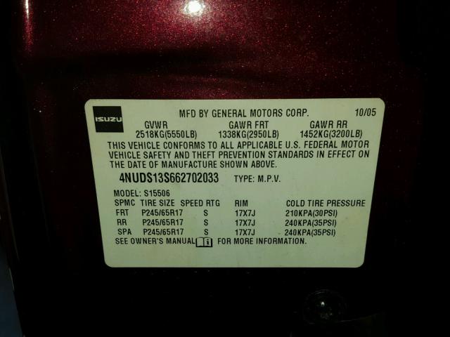 4NUDS13S662702033 - 2006 ISUZU ASCENDER S 栗色 照片 10