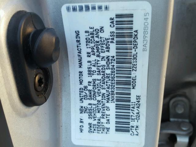 1NXBR32E56Z694724 - 2006 TOYOTA COROLLA CE SILVER photo 10