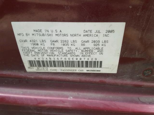 4A3AB36F66E007829 - 2006 MITSUBISHI GALANT ES MAROON photo 10