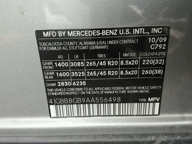 4JGBB8GB9AA556498 - 2010 MERCEDES-BENZ ML 350 4MA SILVER photo 10