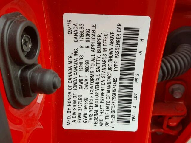 2HGFC2F79GH574489 - 2016 HONDA CIVIC EX RED photo 10