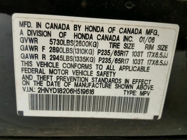 2HNYD18206H519616 - 2006 ACURA MDX BLACK photo 10