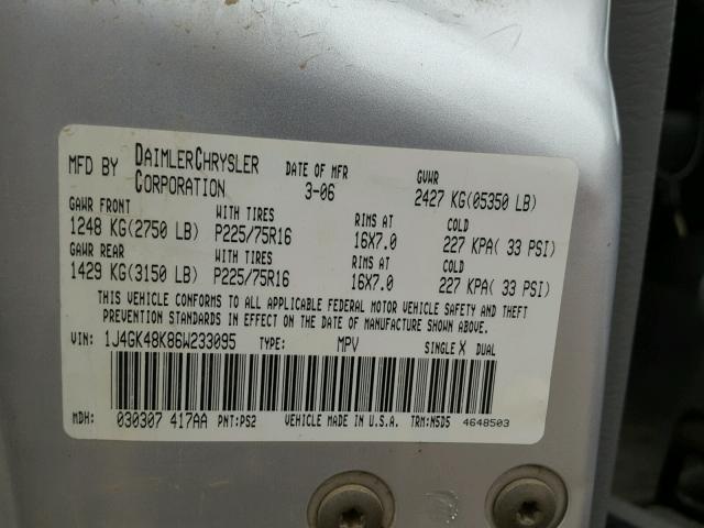 1J4GK48K86W233095 - 2006 JEEP LIBERTY SP SILVER photo 10