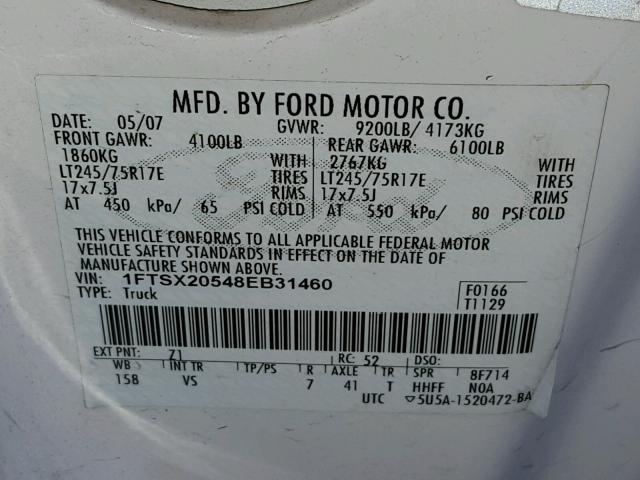 1FTSX20548EB31460 - 2008 FORD F250 SUPER WHITE photo 10