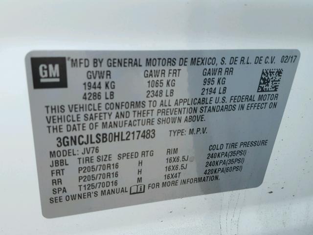 3GNCJLSB0HL217483 - 2017 CHEVROLET TRAX 1LT WHITE photo 10