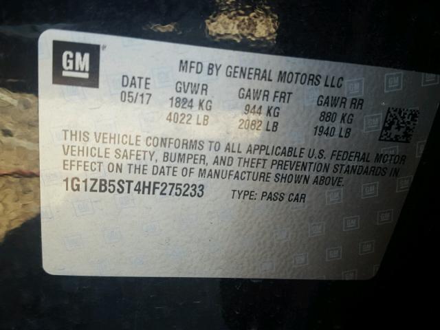 1G1ZB5ST4HF275233 - 2017 CHEVROLET MALIBU LS შავი ფოტო 10