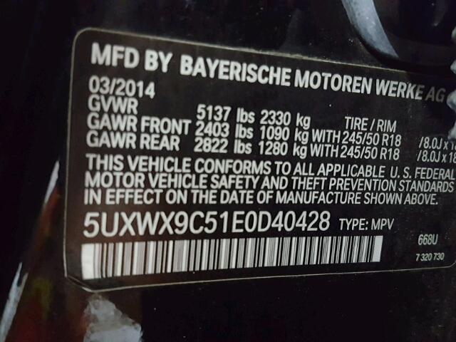 5UXWX9C51E0D40428 - 2014 BMW X3 XDRIVE2 BLACK photo 10