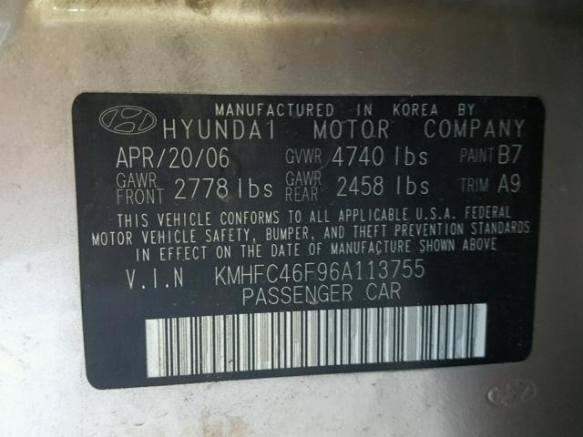 KMHFC46F96A113755 - 2006 HYUNDAI AZERA SE GOLD photo 10