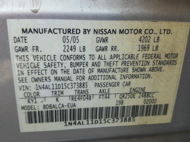 1N4AL11D15C373885 - 2005 NISSAN ALTIMA S SILVER photo 10