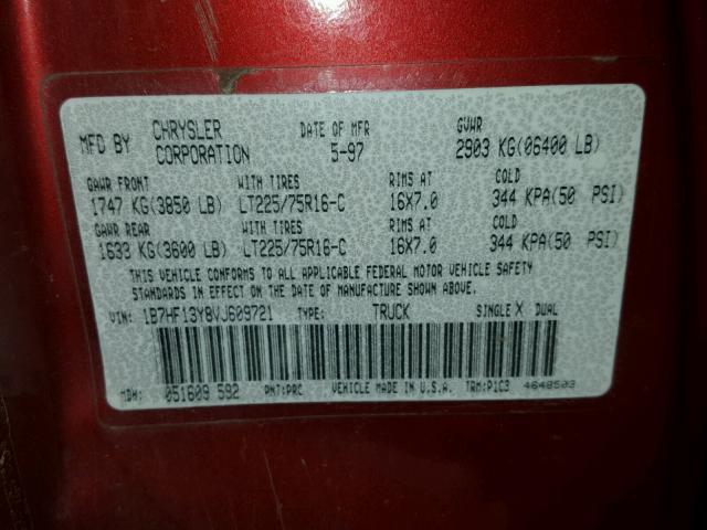 1B7HF13Y8VJ609721 - 1997 DODGE RAM 1500 RED photo 10