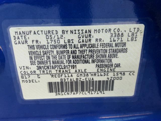 3N1CN7AP7CL917191 - 2012 NISSAN VERSA S 蓝色 照片 10