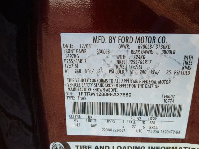 1FTRW12889FA37869 - 2009 FORD F150 BURGUNDY photo 10