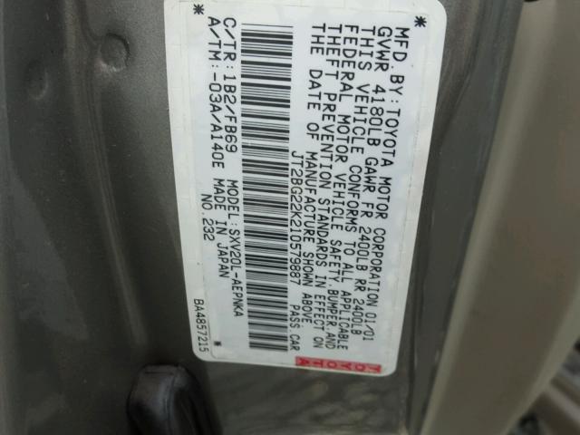 JT2BG22K210579887 - 2001 TOYOTA CAMRY GOLD photo 10