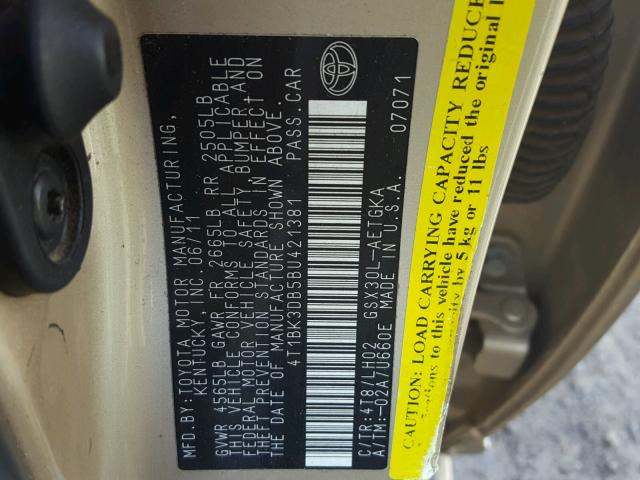4T1BK3DB5BU421381 - 2011 TOYOTA AVALON BAS GOLD photo 10